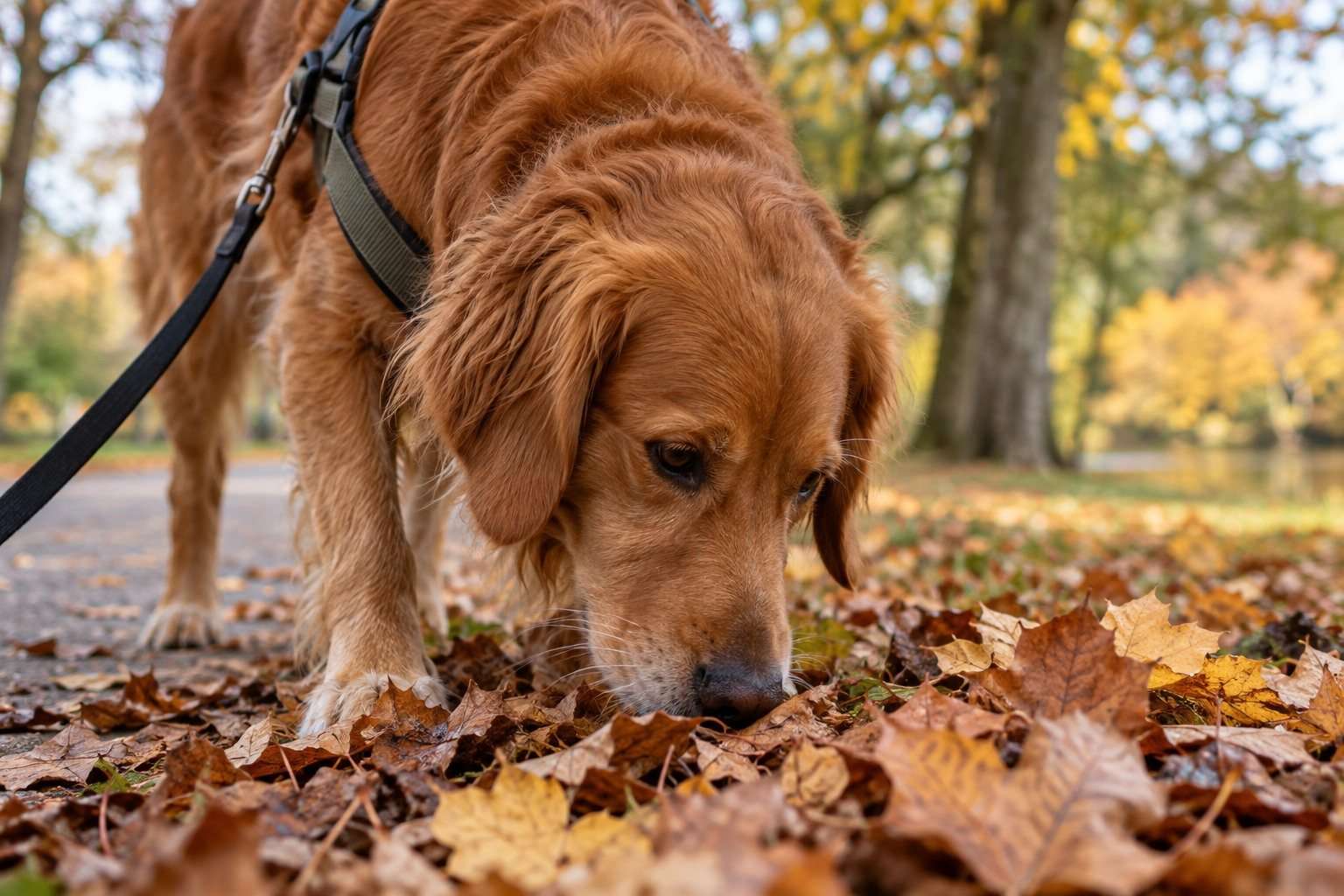 El olfato de los perros: qué cambia cuando les dejamos explorar — Imagen 1 Primer plano de un perro que olfatea hojas en el suelo