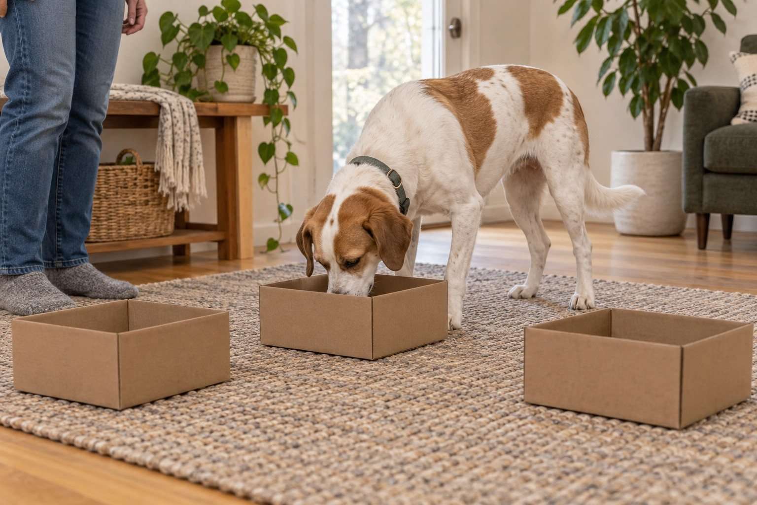 El olfato de los perros: qué cambia cuando les dejamos explorar Perro que investiga varias cajas abiertas en una habitación